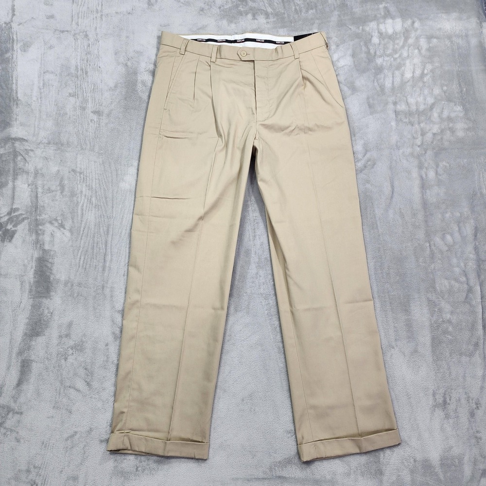 NEW Kirkland Signature Pants Mens 38x32 Beige Classic Pleated Dress Chino Cuffed